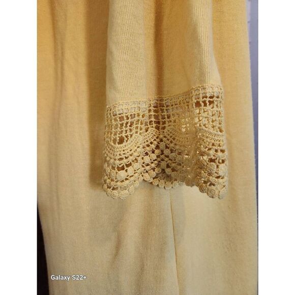 C36 Tickled Teal golden sunflower yellow long sweater cardigan with lacy trim - Picture 3 of 11